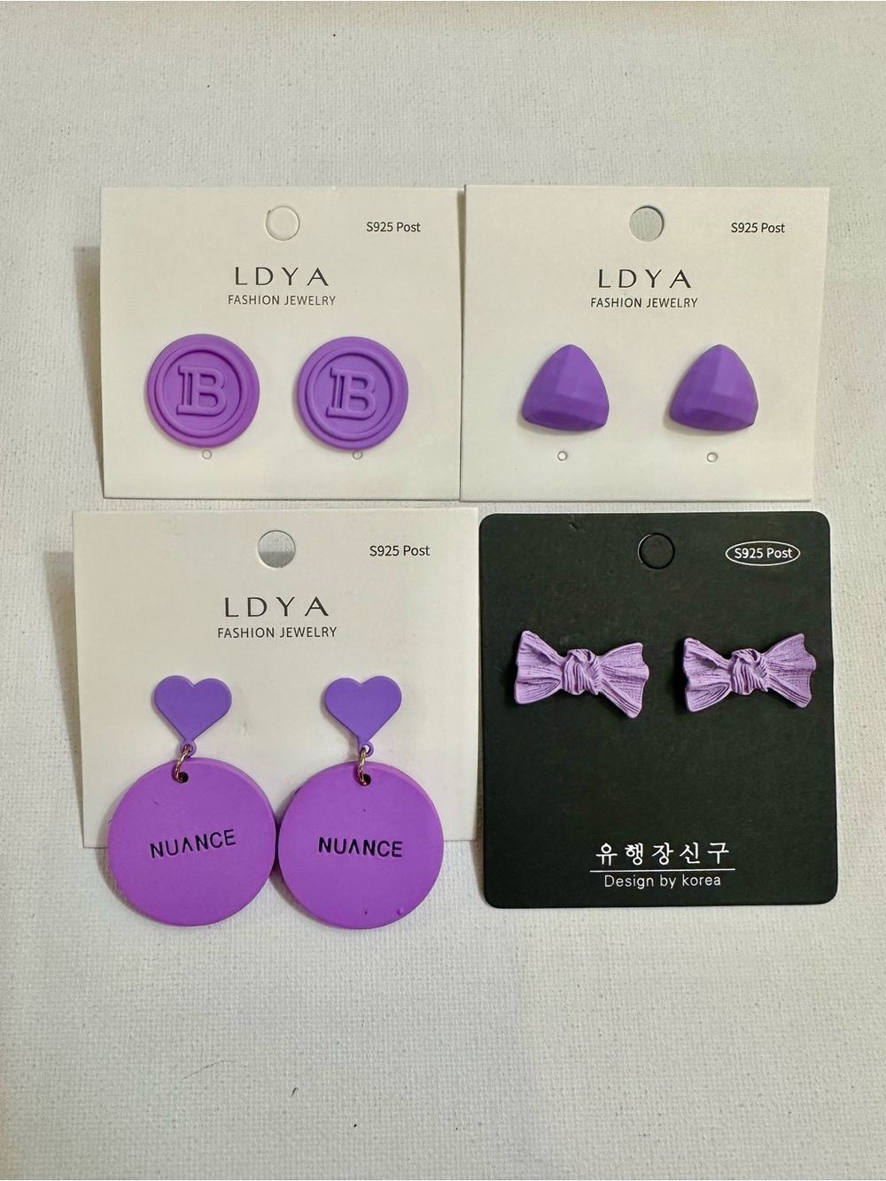 Purple Statement Earrings 4 Pair Bundle Hearts Bows